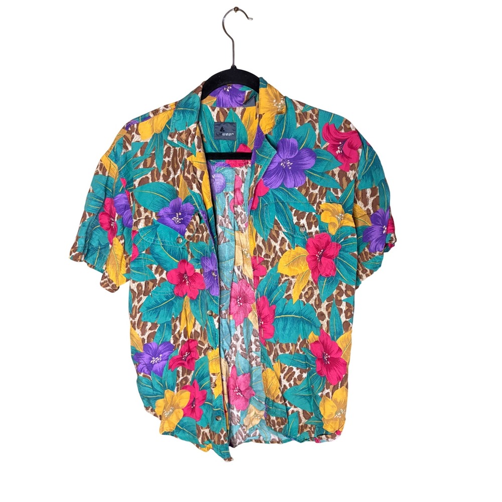 Lizwear Vintage Tropical Floral Leopard Print Rayon Button Down Shirt Womens S